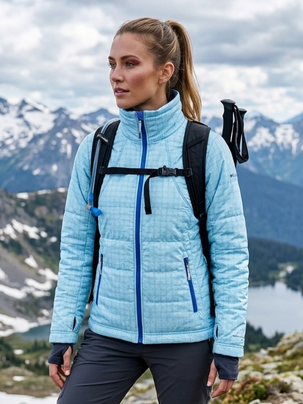 Columbia Light Blue Quilted Insulated Ski Jacket with Blue Trim